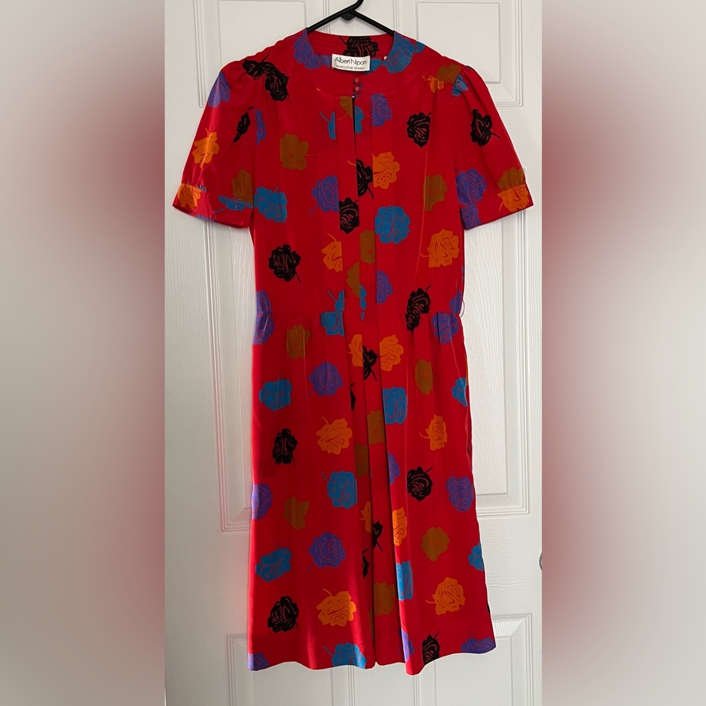 VINTAGE 1980s Albert Nipon Red Dress with Multicolor Floral Pattern Size 4 Korea - Picture 2 of 13